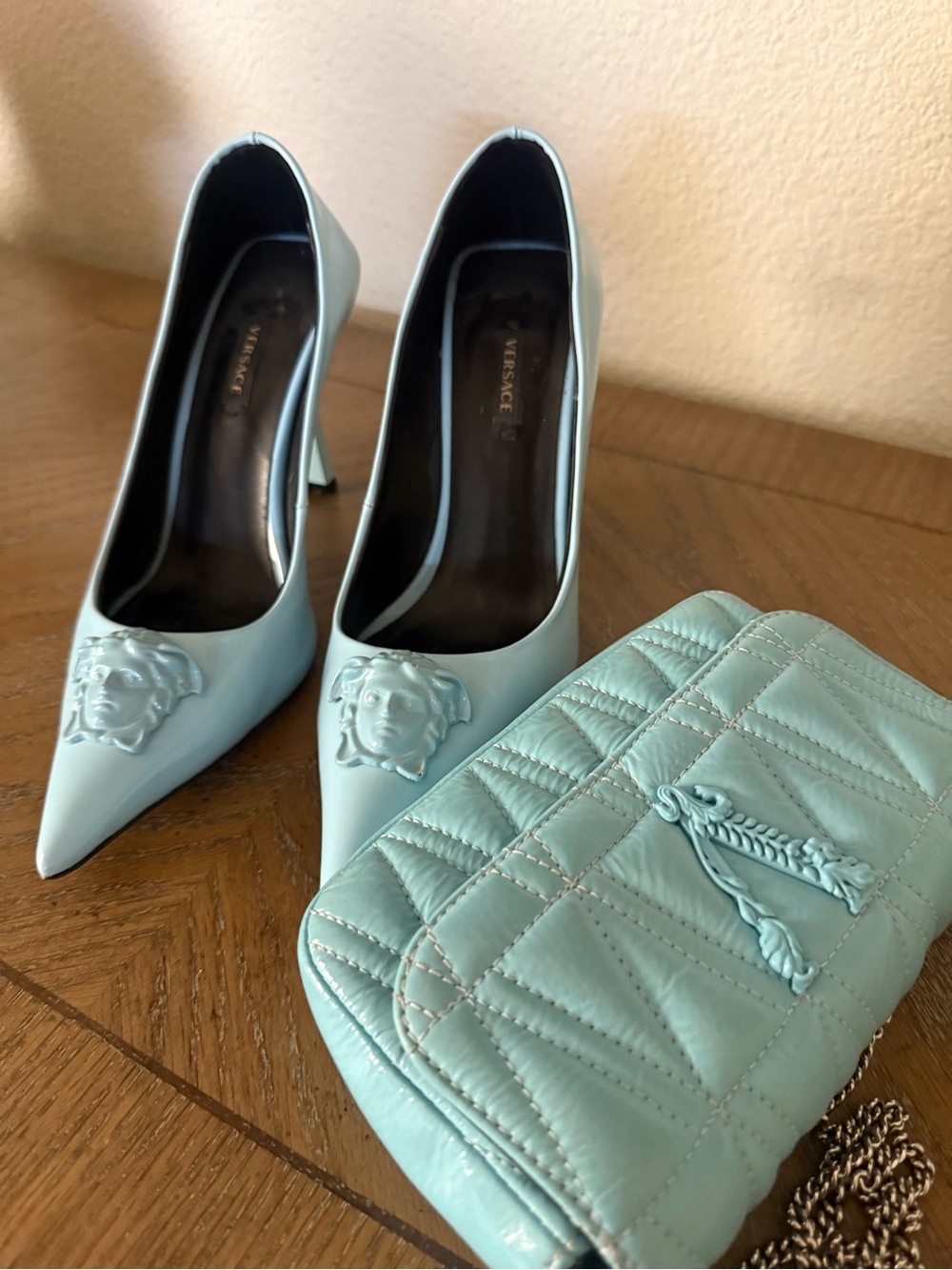 Versace Women's Light Blue Medusa Pointed Toe Pumps and purse